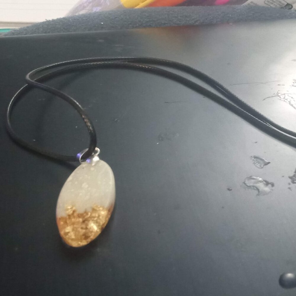Handmade White and Gold Foil Oval Pendant Necklace